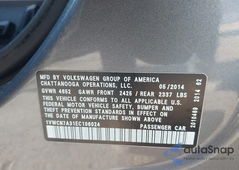 2014 Volkswagen Passat 2.0L Tdi Sel Premium из США, поврежденный, VIN 1VWCN7A31EC106024